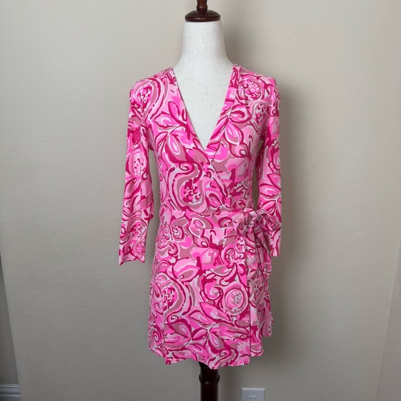 Lilly Pulitzer Karlie Wrap Romper in Pink Pout‎ Mango Salsa - Picture 4 of 13